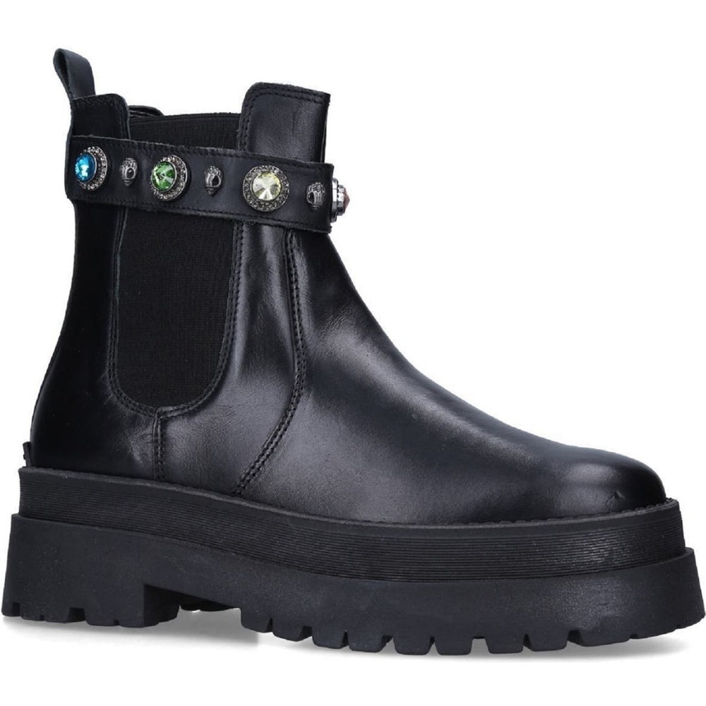 Kurt Geiger Black Leather Platform Chelsea Boots with Multicolor Gem Trim